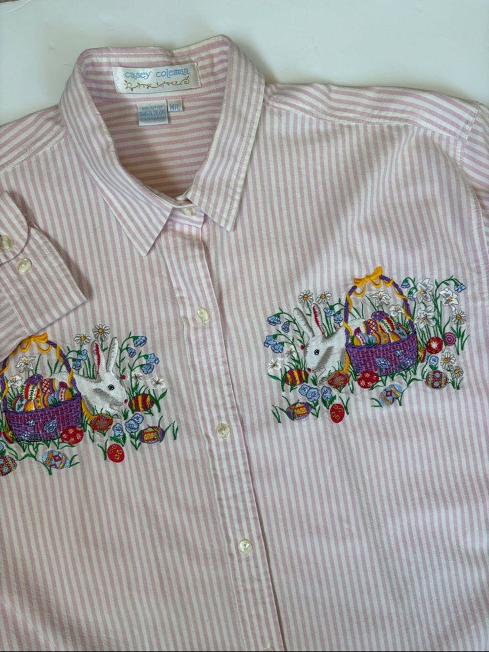 Vtg Casey Coleman Pink Striped Embroidered Floral Cottage Easter Shirt Women L